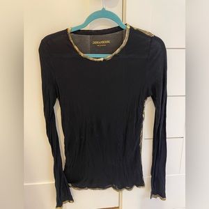 Zadig & Voltaire Willy Gold black long sleeve t shirt with gold foil trim.